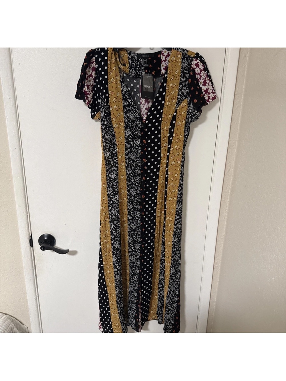 Forever 21 Mixed-Print Maxi Dress in Mustard, Black, and Pink